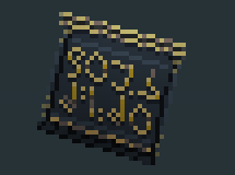A dark gray cube adorned with golden runes, pictured on a neutral blue-gray background.