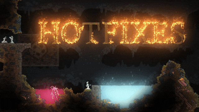The word "hotfixes" rendered in burning wood amidst the Ancient Laboratory, with some enemies wandering around.