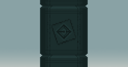 A screenshot of one of the dull green-blue achievement pillars, bearing a line-drawing of the cube's interior with the octahedron that surrounds the exit portal visible.
