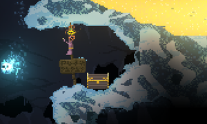 A Mimic sign next to a mimic in Snowy Depths